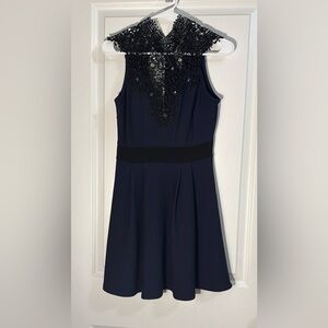 Blue Mock Neck Fit and Flare Cocktail Dress